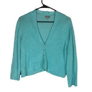 J. Jill Teal Blue Linen Blend Long Sleeve Button Front Knit Sweater Women Sz L